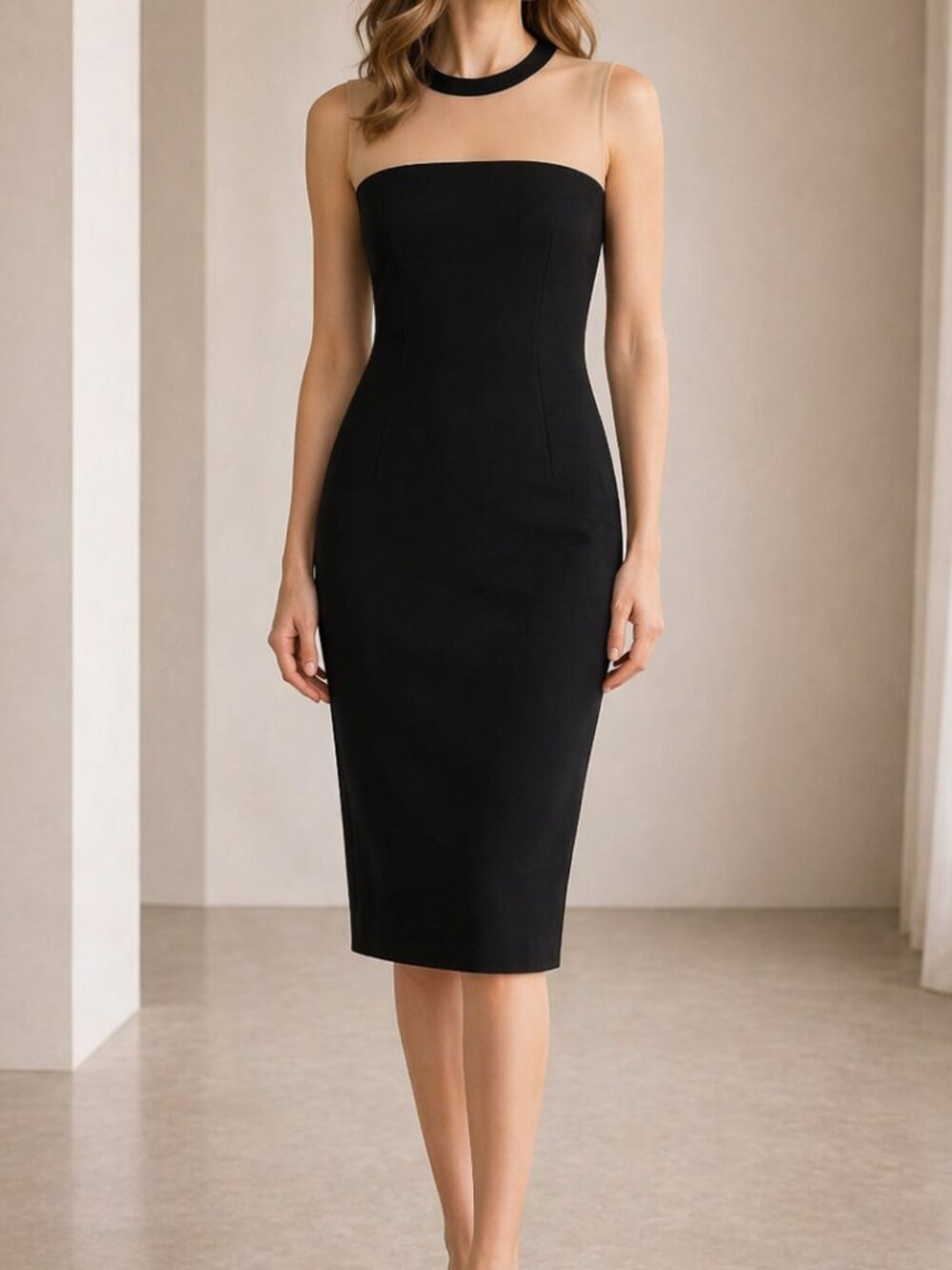 Akris Punto Black Wool Sheath Dress Leather Yoke Minimalist Size 8
